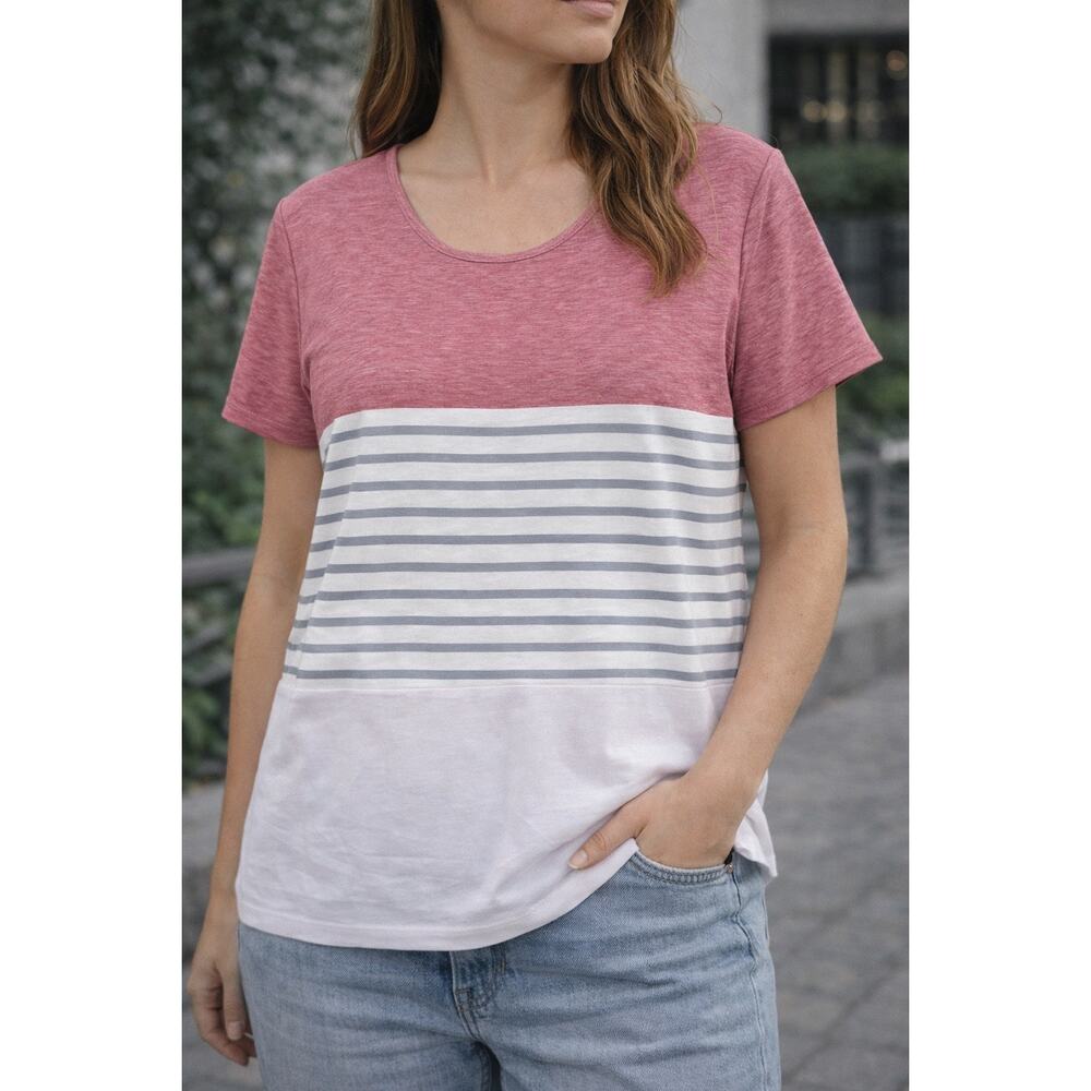 Womens Short Sleeve Scoop neck Rose red White Gray Striped Tee Shirt top XL